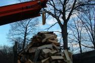 A Kenworth Semi sitting in front of a stack of logs.